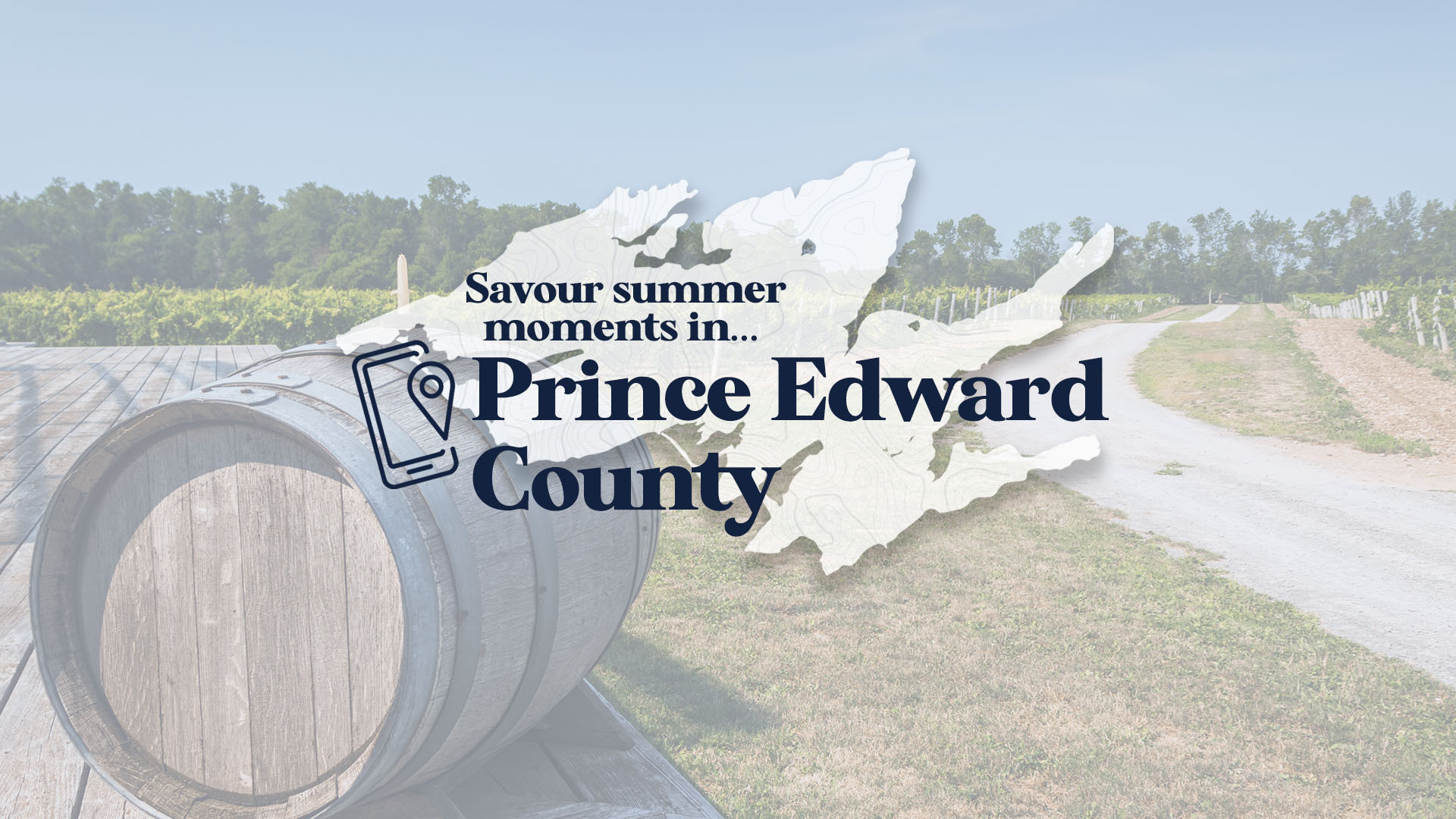 Savour Summer moments in PEC logo over top of an image of a vineyard and wine barrels. 